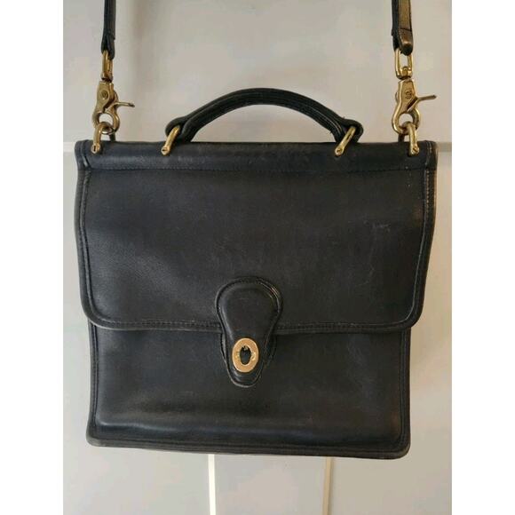 Vintage 93 CLASSIC WILLIS COACH Bag 9927 Black Leather Brass Turn Lock Hardware - Picture 7 of 7